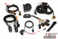 The Utv Automatic Turn Signal Kit for Defender, Ranger, Maverick, Rzr, Talon, Krx, General, and Wolverine is shown with a black horn, wire harnesses with connectors, switches, zip ties, relay module, and the XTC Power Products logo on a white background.
