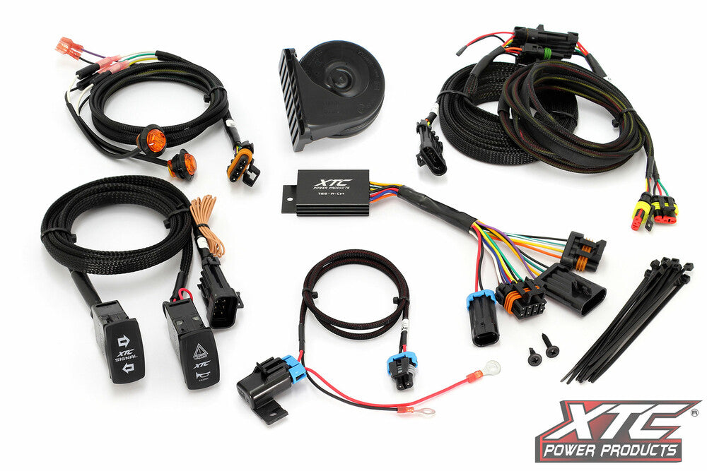 The Utv Automatic Turn Signal Kit for Defender, Ranger, Maverick, Rzr, Talon, Krx, General, and Wolverine is shown with a black horn, wire harnesses with connectors, switches, zip ties, relay module, and the XTC Power Products logo on a white background.
