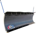A large, black, curved Pro Poly Blade 66 snow plow with the KFI Plow logo in blue, red, and white on the lower left. It features a row of bolts near the top edge and two tall blue guide rods attached at each end.