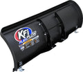 A black ATV FLEX BLADE 50 snow plow features two support braces, warning labels on the front, and the KFI Plow logo in red, blue, and white on the left side of its curved metal blade.