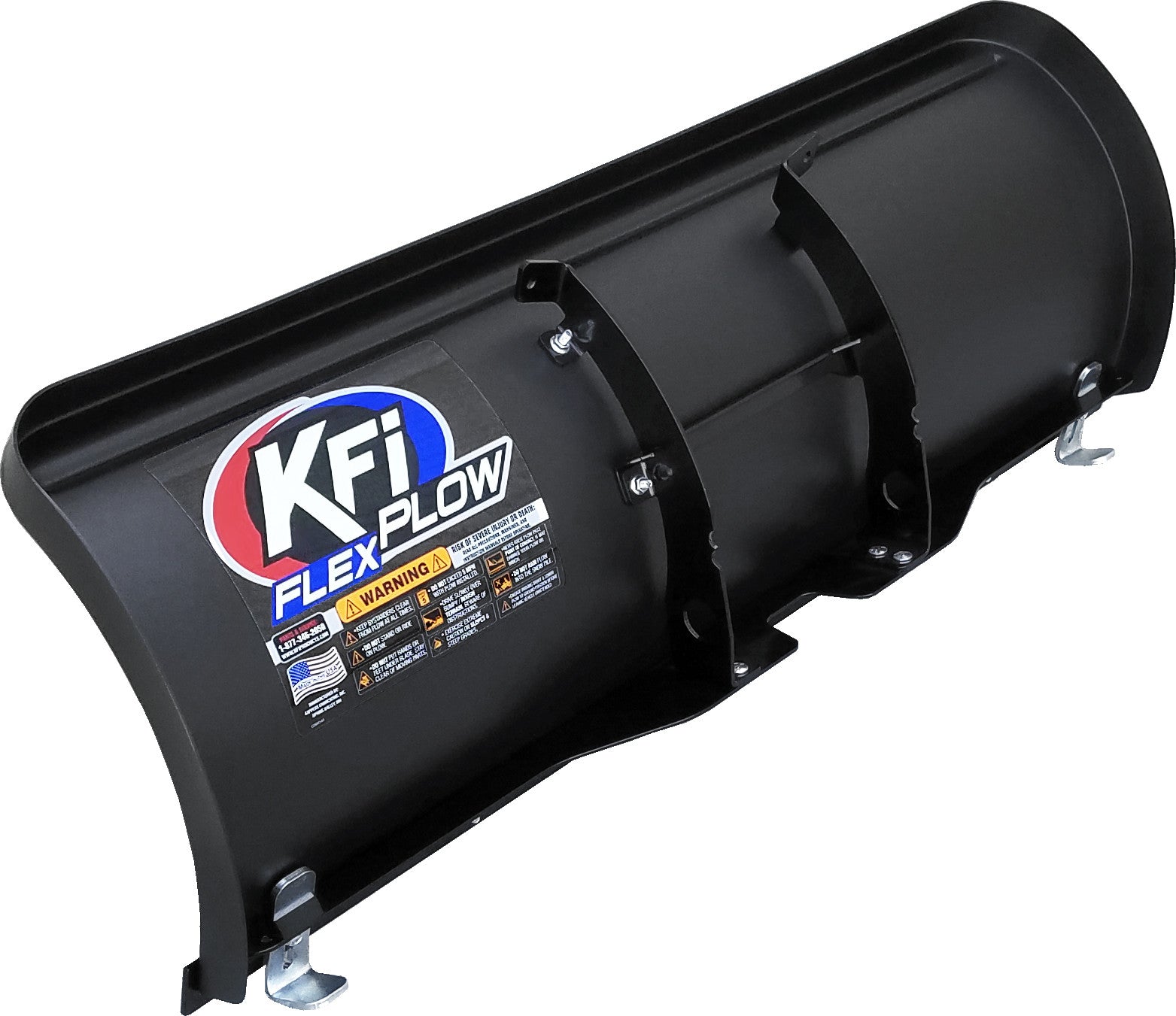 A black ATV FLEX BLADE 50 snow plow features two support braces, warning labels on the front, and the KFI Plow logo in red, blue, and white on the left side of its curved metal blade.