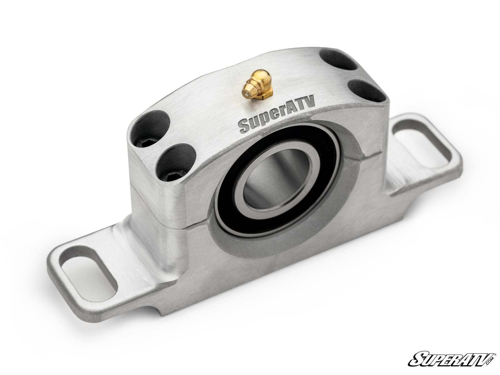 A close-up of a metallic Polaris General Heavy-Duty Carrier Bearing with a central bearing, four bolt holes, top grease fitting, side mounting flanges, and an engraved “SuperATV” logo. The logo also appears in the bottom right corner.