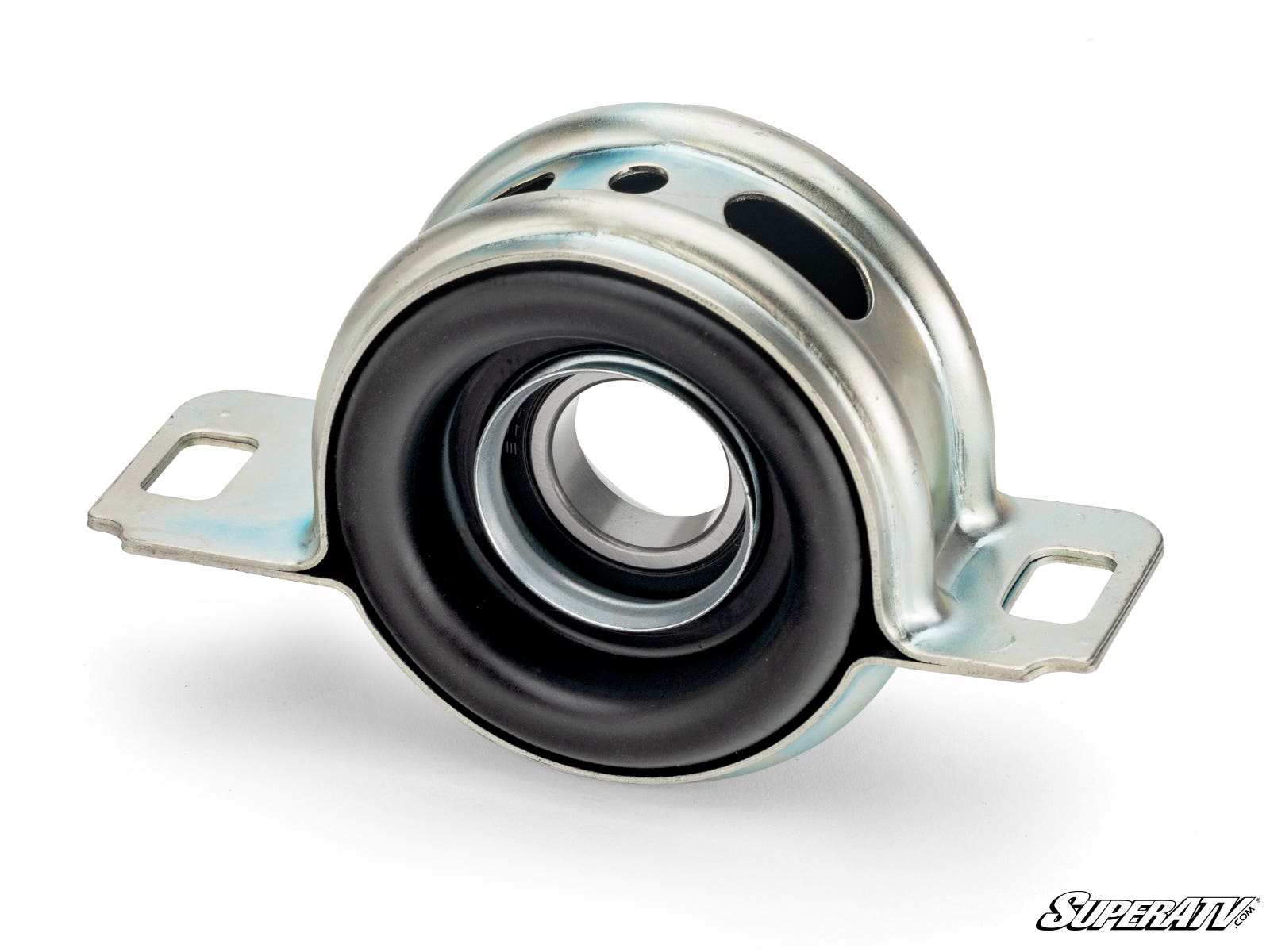 The Up & Running Can-Am Commander MAX Carrier Bearing features a metal body, rubber seal, central hole, and flat base with two slotted tabs for mounting. Displayed on a white background with SuperATV branding in the lower right corner.