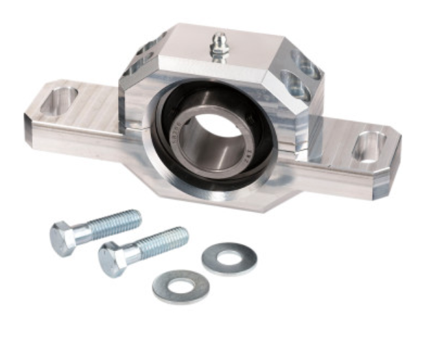 The Polaris Carrier Bearing, featuring a silver metal housing with a black inner ring, is displayed on a rectangular base with two bolt holes. Two silver bolts and washers are placed next to the bearing on a white background.