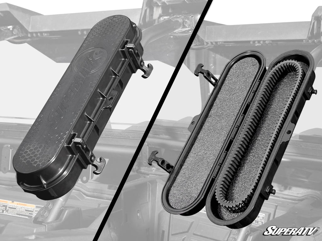 The UTV Belt Case is shown closed on the left and open on the right, revealing its foam-lined interior. It features four side latches and displays the SuperATV logo, with an off-road vehicle roll cage in the background.