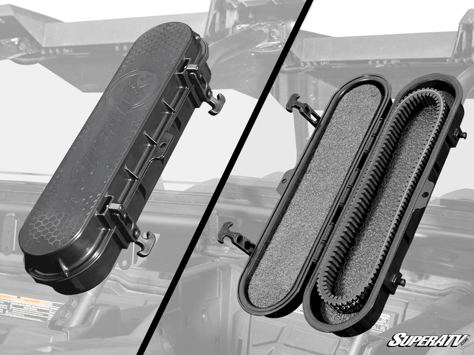 The UTV Belt Case is shown closed on the left and open on the right, revealing its foam-lined interior. It features four side latches and displays the SuperATV logo, with an off-road vehicle roll cage in the background.