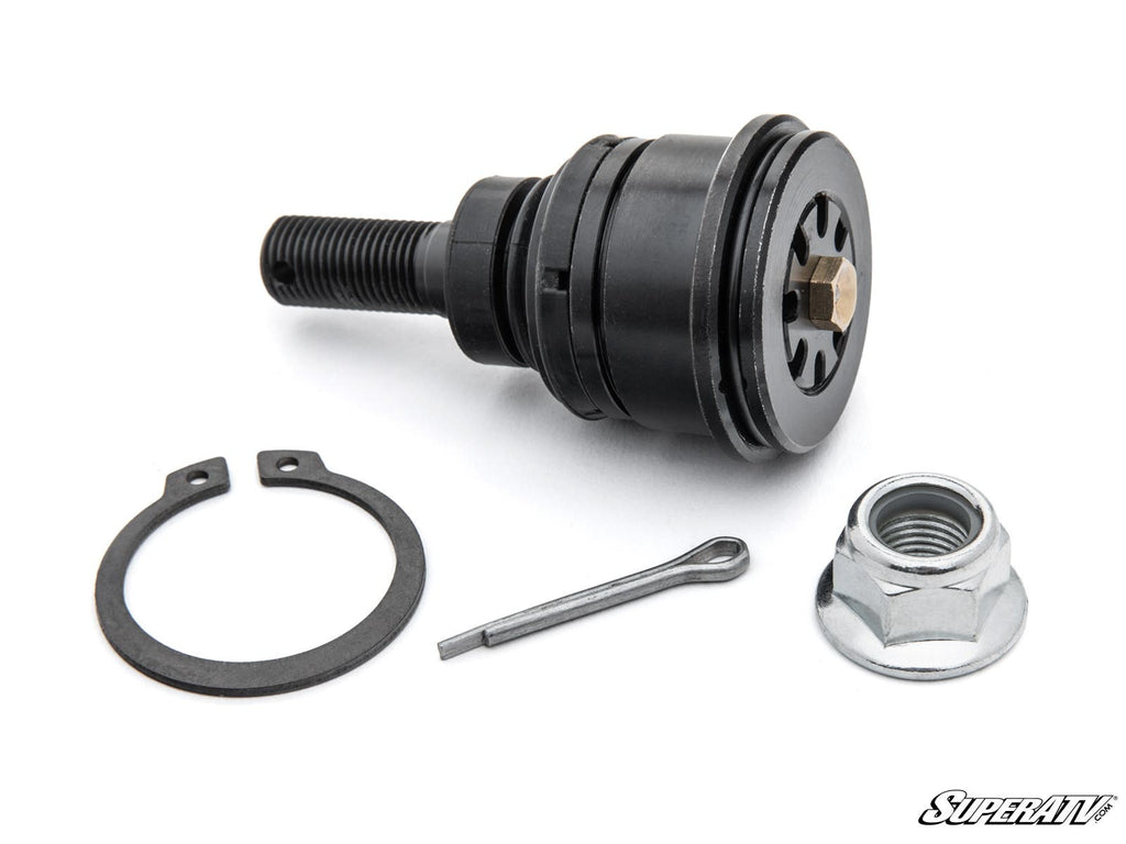 The CFMOTO ZForce Ball Joints set includes a heavy-duty black metal ball joint with threaded stud, accompanied by a circular snap ring, cotter pin, and hex nut, all displayed on a white background with the SuperATV logo in the bottom right.