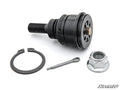 A set of CFMOTO UForce Ball Joints in black metal, including a threaded bolt, circlip, cotter pin, and lock nut, are clean and unused on a white background. The SuperATV logo appears in the bottom right corner.