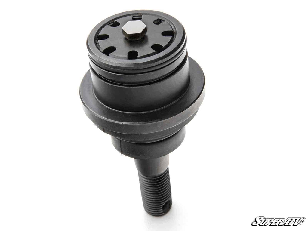 The Yamaha Wolverine Heavy-Duty Ball Joint is black metal with a hexagonal bolt, circular grooves, and a threaded shaft. Set against a white background, SuperATV appears in stylized text at the bottom right corner.
