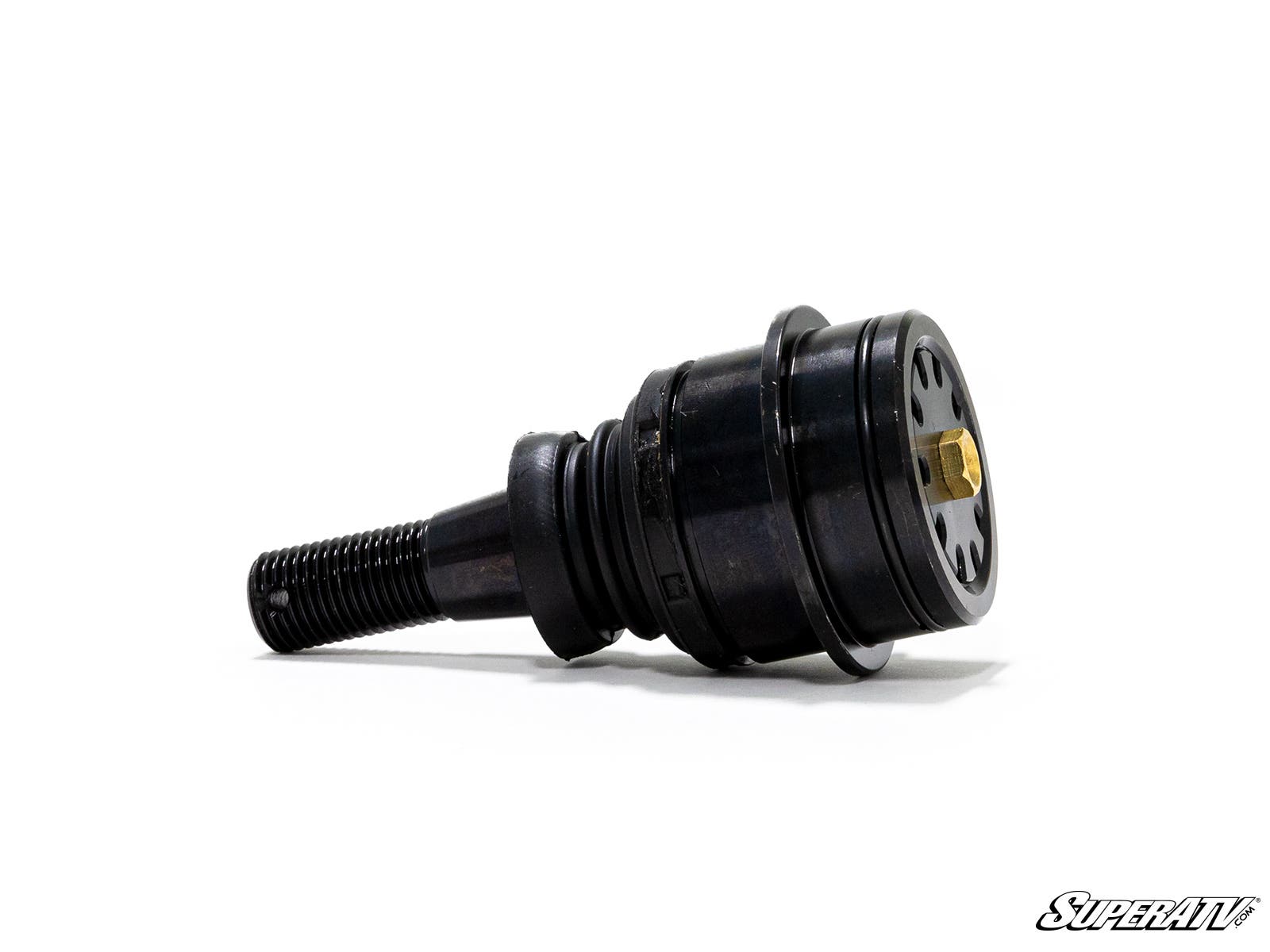 A Honda Talon 1000X Ball Joint made of black metal with a threaded shaft and round housing rests on a white background. The stylized SuperATV logo is visible in the lower right corner.