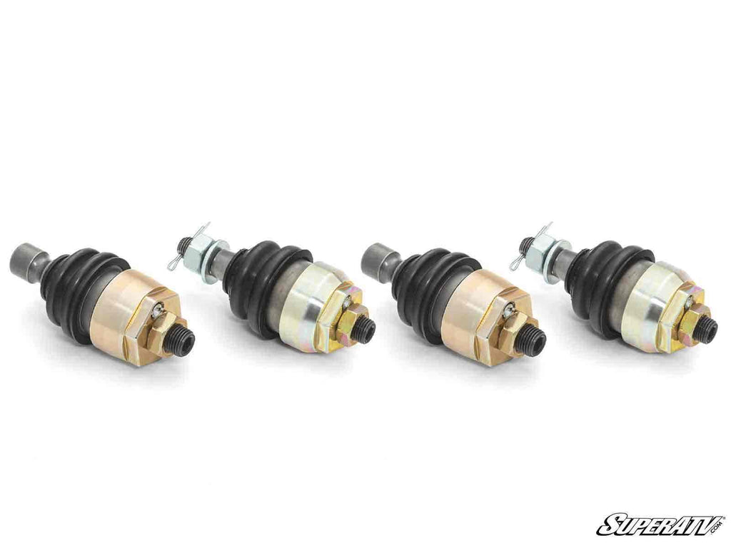 Four Can-Am Outlander Keller Ball Joints, each with a hexagonal nut and cotter pin, are arranged in a row on a white background. The SuperATV logo is visible in the bottom right corner.