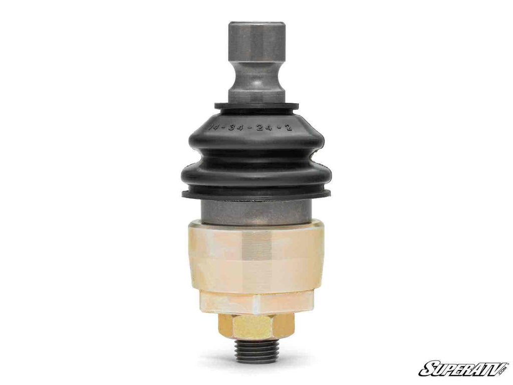 The Can-Am Maverick R Keller Ball Joint features a heavy-duty metal stud, black rubber dust boot, and hex nut base with silver and gold-toned parts. The SuperATV logo appears in the bottom right on a white background.