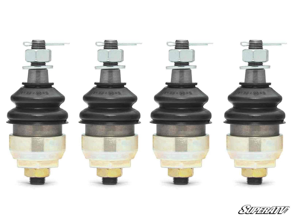 Four Honda Pioneer 1000 Keller Ball Joints are lined up vertically on a white background. Each features a black rubber boot, silver and gold metal parts, and a nut with cotter pin on top. The SuperATV logo is in the bottom right corner.