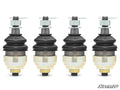 Four Honda Pioneer 1000 Keller Ball Joints are lined up vertically on a white background. Each features a black rubber boot, silver and gold metal parts, and a nut with cotter pin on top. The SuperATV logo is in the bottom right corner.