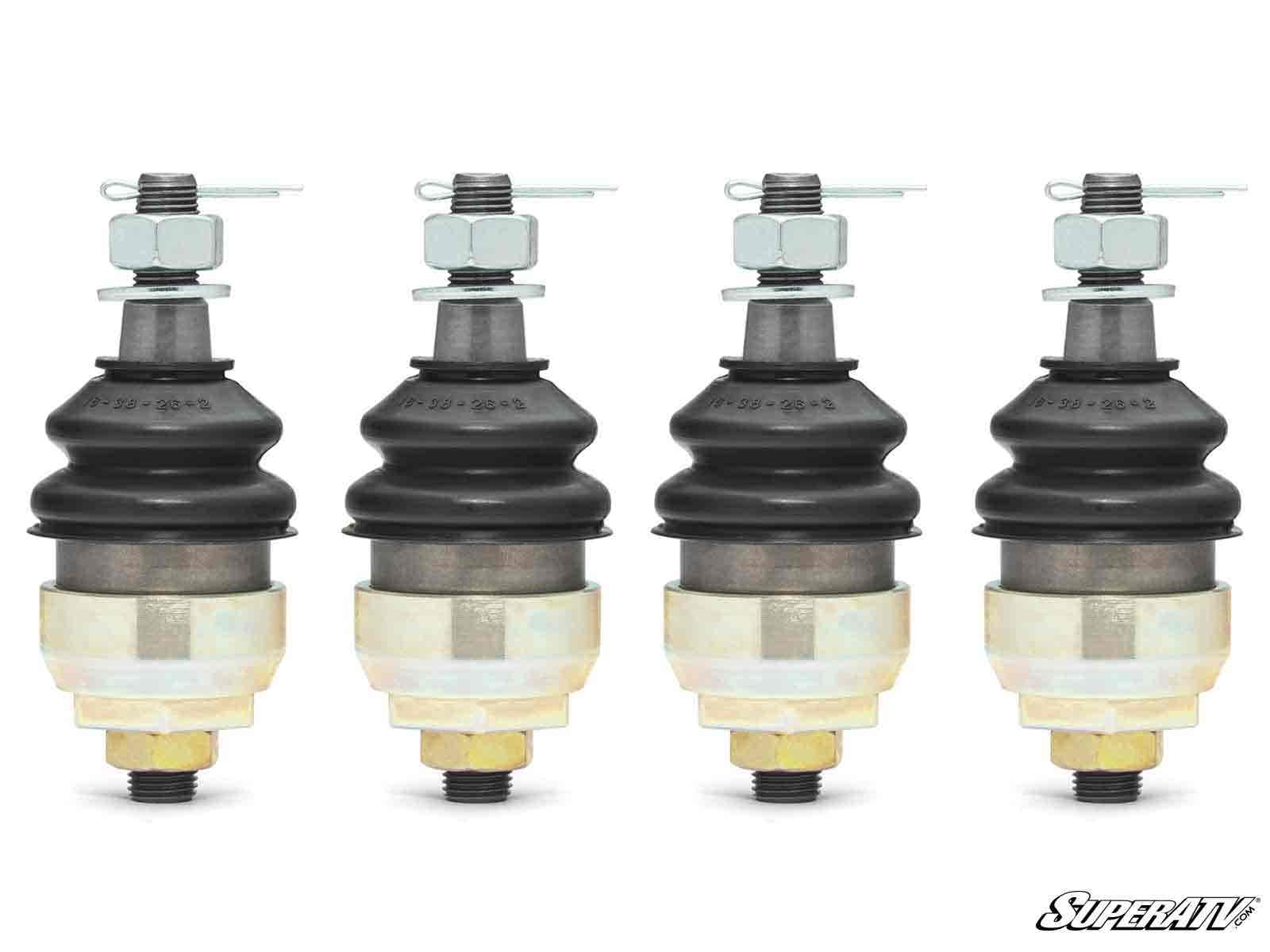Four Honda Pioneer 1000 Keller Ball Joints are lined up vertically on a white background. Each features a black rubber boot, silver and gold metal parts, and a nut with cotter pin on top. The SuperATV logo is in the bottom right corner.
