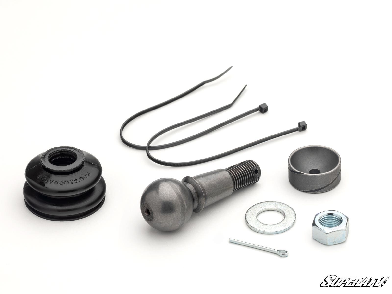 The Keller Ball Joint Rebuild Kit for Kawasaki is displayed on a white surface with its components: metal ball joint, rubber boot, zip ties, washer, nut, cotter pin, and metal cap. The SuperATV logo is shown in the lower right corner.