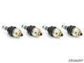 Four Kawasaki Teryx Keller Ball Joints with gold and silver components, black rubber boots, and threaded studs are arranged in a row on a white background. Each features visible nuts, with the SuperATV logo in the lower right corner.