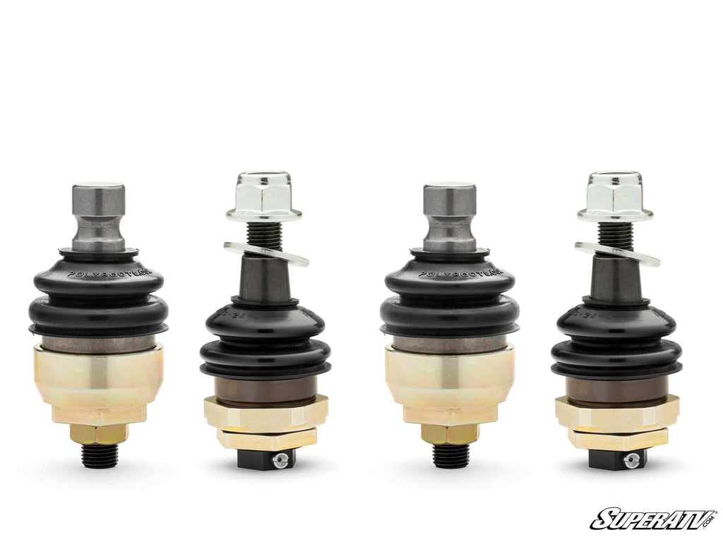Four Polaris RZR Pro R Keller Ball Joints are upright in a row on a white background. All have metal bodies, black rubber boots, and visible nuts; the two left are assembled, while the right two show loosened bolts and separated parts.