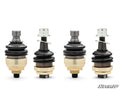Four Polaris RZR Turbo R Keller Ball Joints are lined up on a white background. Each features a metal body, black rubber seal, and top threaded bolt; the left two are assembled, while the right two have raised dust caps.