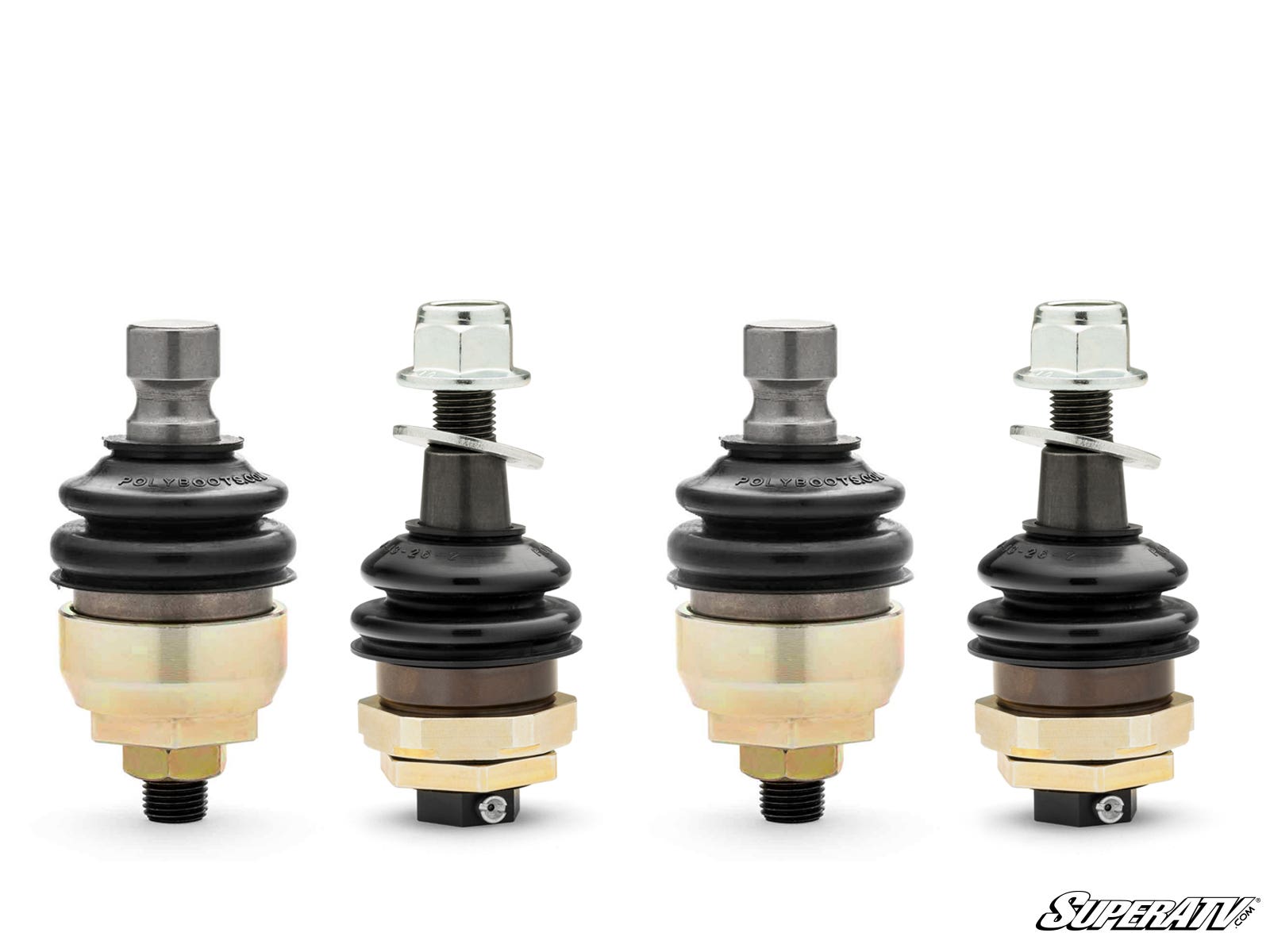 Four Polaris RZR Turbo R Keller Ball Joints are lined up on a white background. Each features a metal body, black rubber seal, and top threaded bolt; the left two are assembled, while the right two have raised dust caps.