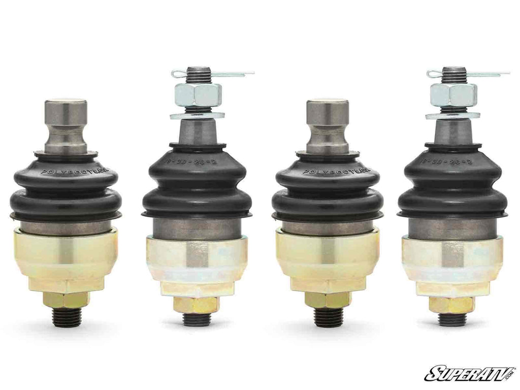 Four Can-Am Maverick X3 Mega Keller Ball Joints stand vertically on a white background, each featuring a black rubber boot, metal ends, and a securing nut with cotter pin. The SuperATV logo is visible at the bottom right corner.