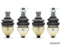 Four Can-Am Outlander Mega Keller Ball Joints, each with a black boot, silver grease fitting, and gold-toned threaded base, are lined up vertically against a white background. The SuperATV logo appears in the bottom right corner.
