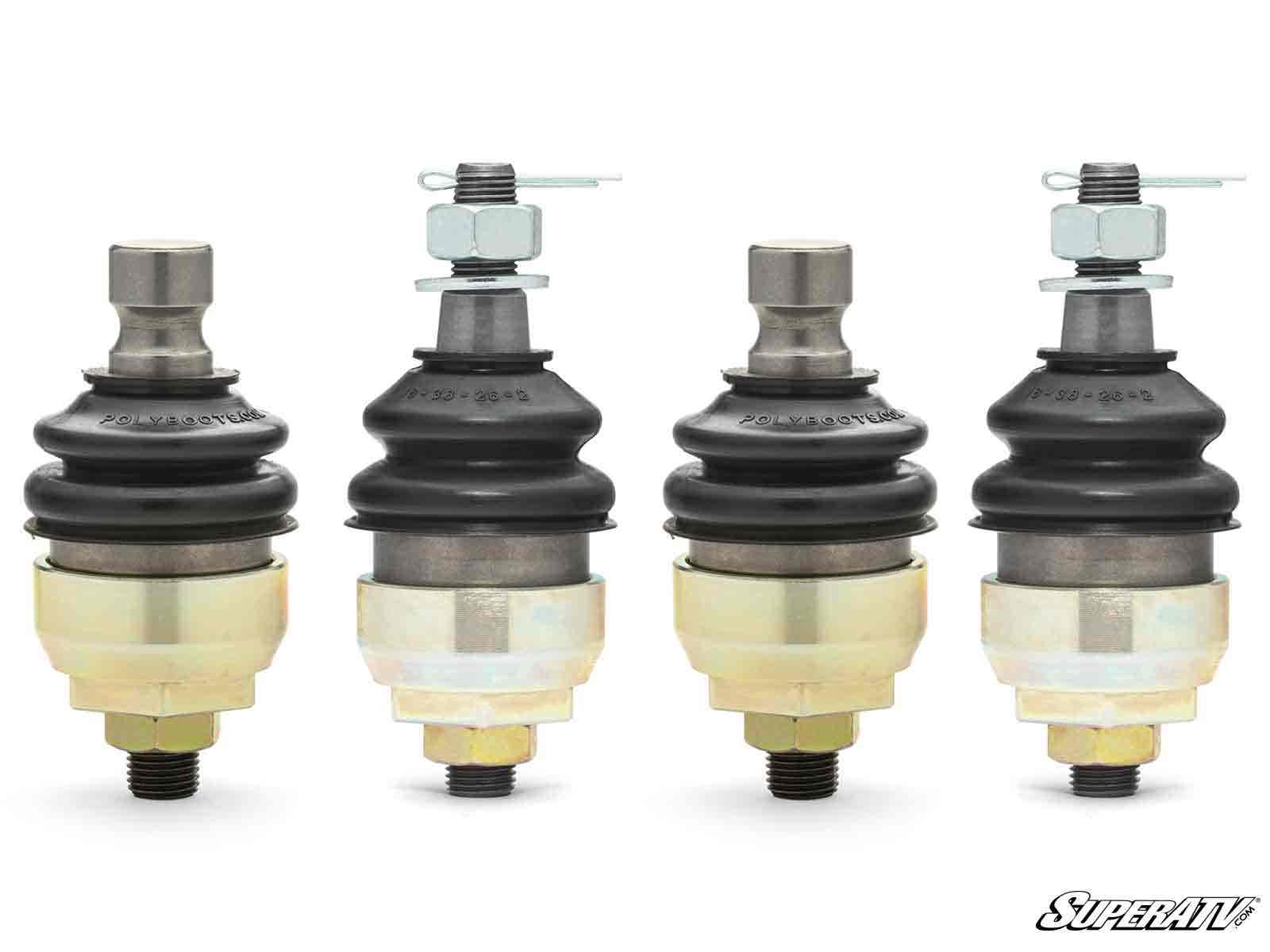 Four Can-Am Outlander Mega Keller Ball Joints, each with a black boot, silver grease fitting, and gold-toned threaded base, are lined up vertically against a white background. The SuperATV logo appears in the bottom right corner.