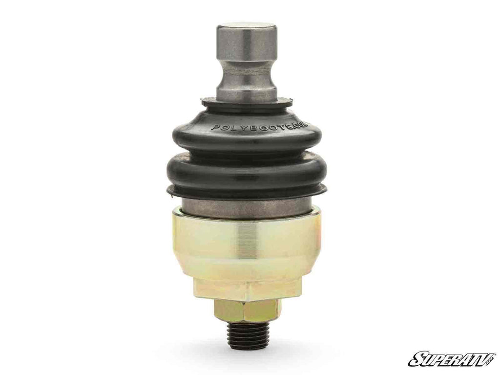 The Polaris RZR XP 1000 Mega Keller Ball Joint features a metal base, bottom threaded stud, black rubber boot center, and a hexagonal fitting on top. The SuperATV logo is in the bottom right corner against a white background.