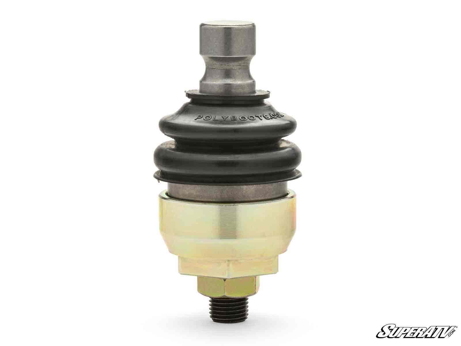 The Polaris RZR XP 1000 Mega Keller Ball Joint features a metal base, bottom threaded stud, black rubber boot center, and a hexagonal fitting on top. The SuperATV logo is in the bottom right corner against a white background.