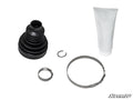 The Rhino 2.0 Replacement Boot Kit - Yamaha is shown on a white background with a black rubber CV boot, small metal ring, two silver clamps of different sizes, a white grease tube, and the SuperATV logo in the bottom right corner.