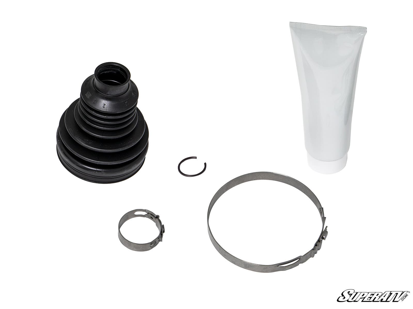 The Rhino 2.0 Replacement Boot Kit - Yamaha is shown on a white background with a black rubber CV boot, small metal ring, two silver clamps of different sizes, a white grease tube, and the SuperATV logo in the bottom right corner.