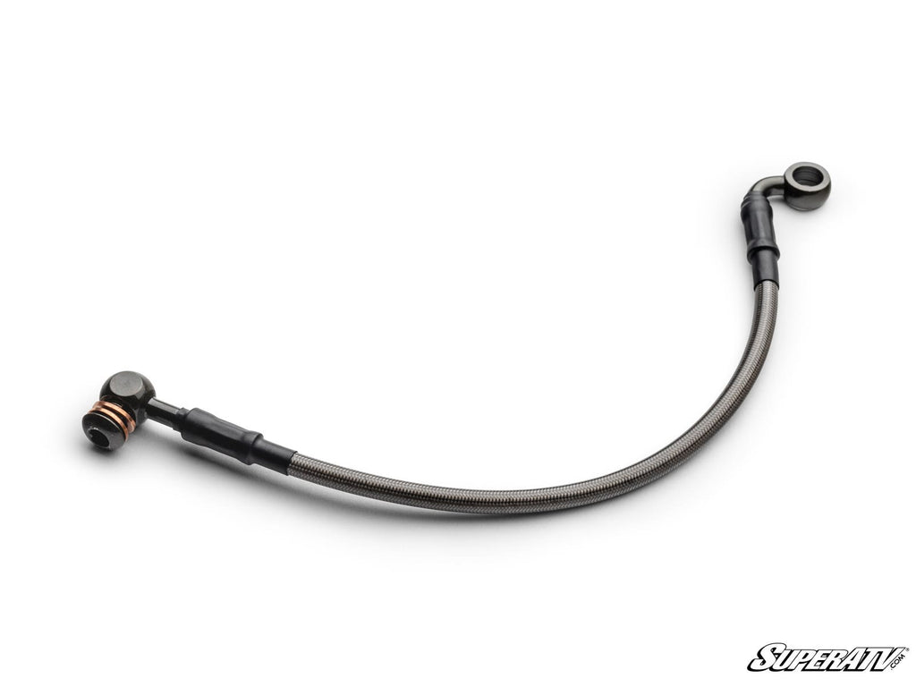 The 7.5 mm x 12 Extended Steel-Braided Brake Line features black end connectors—one straight, one angled—against a white background, with the SuperATV logo in the lower right corner.