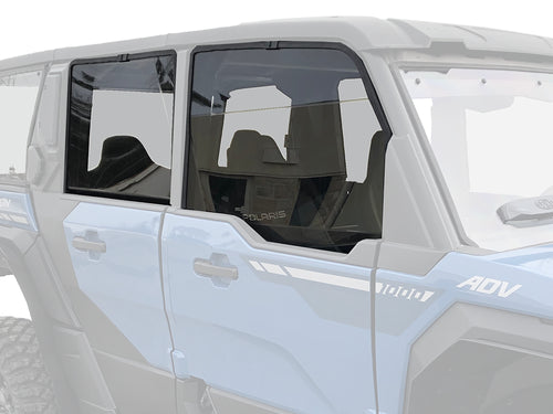 Close-up of Polaris XPEDITION (5-Seat) Light Tint Poly Upper Doors set, showing two black-tinted side windows and doors in sharp focus while the rest of the vehicle appears semi-transparent, drawing attention to the central window area.