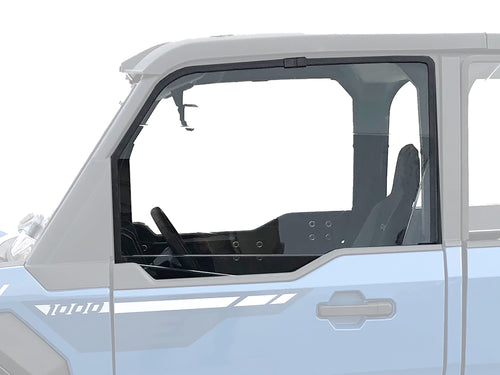 A partial side view of a Polaris XPEDITION with its Light Tint Poly Upper Front Doors (Pair) removed, revealing the steering wheel, two seats, and interior. The vehicle appears light blue on a white background with gray top and rear sections visible.