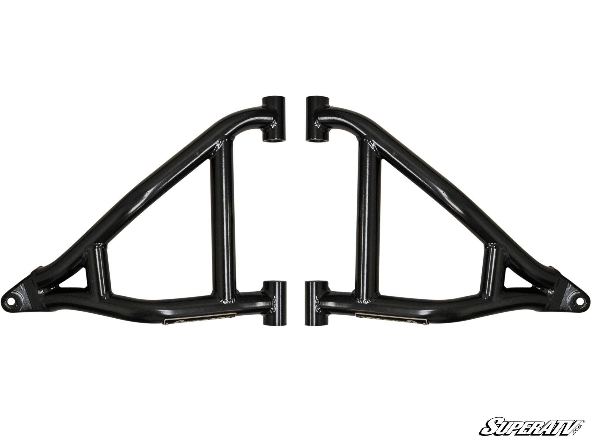 Two black, tubular Polaris Ranger EV High Clearance 2 Forward Offset A-Arms sit side by side with welded joints and a glossy finish. The clean components display the SuperATV logo in the lower right on a white background.