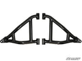 Two black, metal Polaris Ranger 400 High Clearance 2 Forward Offset A-Arms with a tubular design are shown side by side on a white background, each featuring two mounting points at one end and one at the other. The SuperATV logo is in the bottom right cor