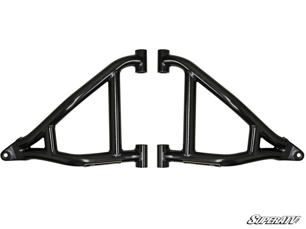 Two black Polaris Ranger Midsize 570 High Clearance 2 Forward Offset A-Arms are shown side by side on a white background. They have triangular shapes with three main bars and pivot points, with the SuperATV logo in the bottom right corner.