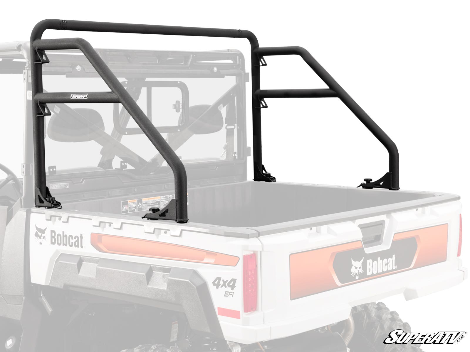A Bobcat UV34 Rear Sport Accessory Bar is installed in the cargo bed of a white Bobcat 4x4 utility vehicle. The black metal bar with angled supports surrounds the rear cab window, with visible Bobcat and SuperATV logos.