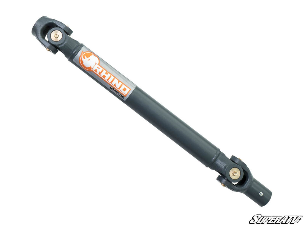 A durable, cylindrical metal Polaris General Heavy-Duty Prop Shaft from Rhino Driveline featuring universal joints at both ends. The dark gray shaft displays an orange and white logo, with a plain white background and “SuperATV” watermark in the lower rig