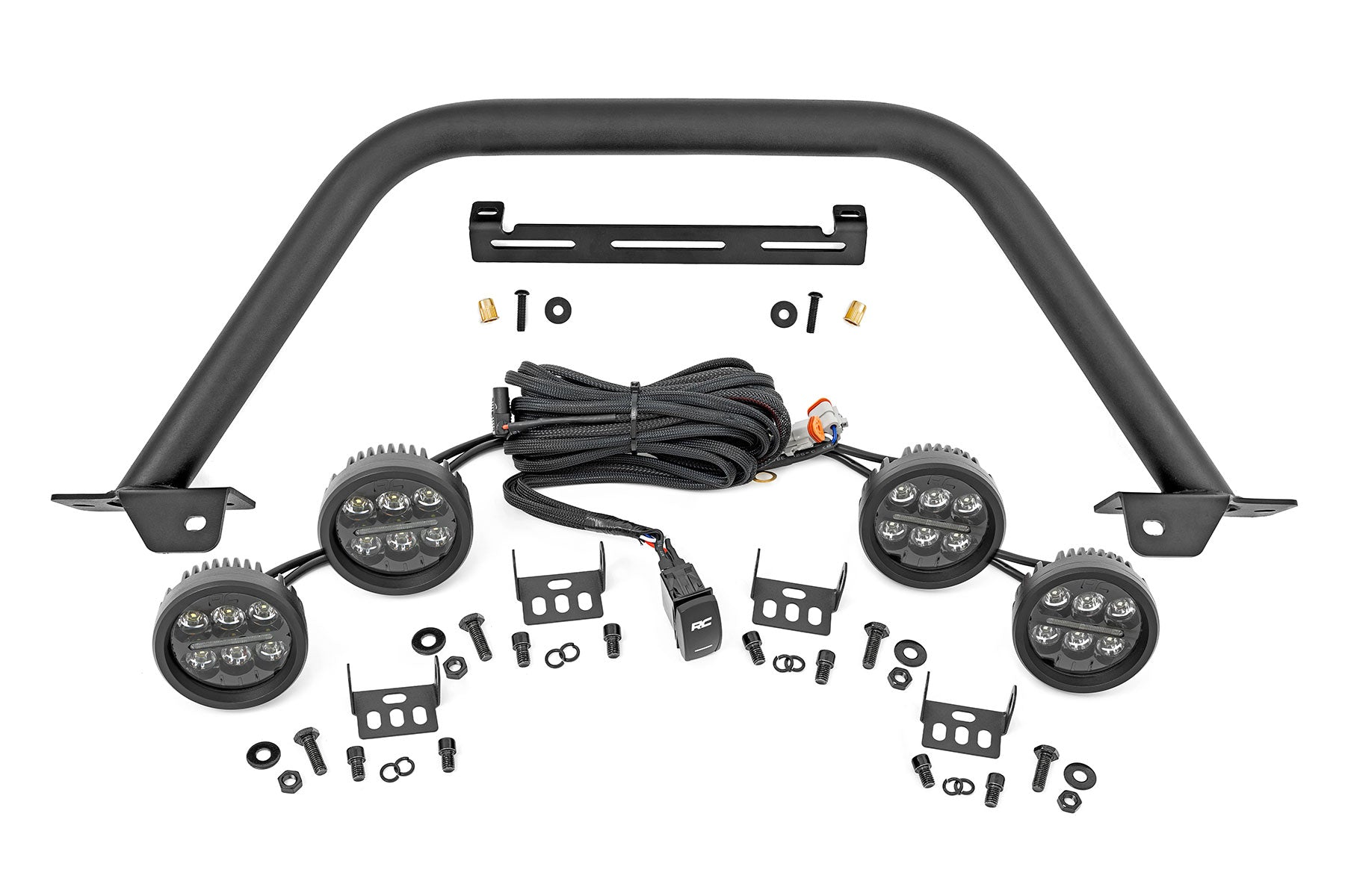 Rough Country Safari Bar | 3.5" Round LED (Quad) | Black | Amber DRL | OE Modular Steel | Ford Bronco 4WD (21-23)