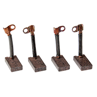 Four copper and black rods from the Golf Cart Brush Kit are mounted vertically on rectangular brown bases with copper clamps and bolts at the top, evenly spaced in a row against a transparent background.