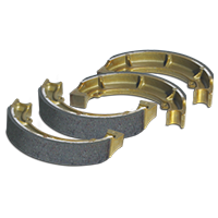 Three gold-colored metallic Golf Cart Brake Pads and Shoes, each with dark gray, textured friction linings, are arranged in a slightly overlapping row on a transparent background.