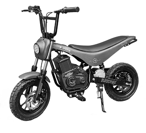 The TT750R Lithium Ion Powered Electric Mini Bike features a black and silver design, knobby tires, flat seat, wide handlebars, circular headlight, visible battery and motor parts, and is displayed on a white background with the kickstand down.