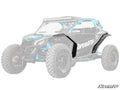 A black and blue off-road vehicle with large rugged tires features Can-Am Maverick X3 Fender Flares on the front, highlighted while the rest of the vehicle is faded. SuperATV branding appears on the side and bottom right corner.