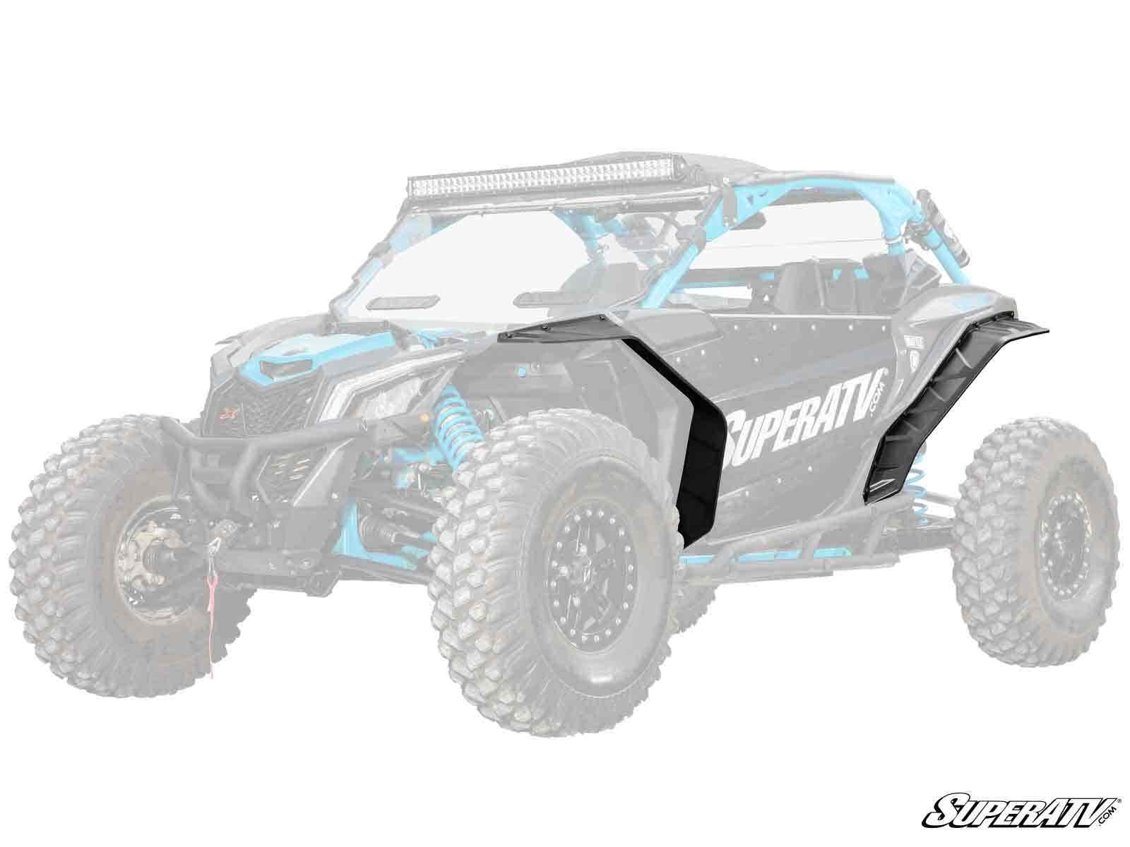 A black and blue off-road vehicle with large rugged tires features Can-Am Maverick X3 Fender Flares on the front, highlighted while the rest of the vehicle is faded. SuperATV branding appears on the side and bottom right corner.