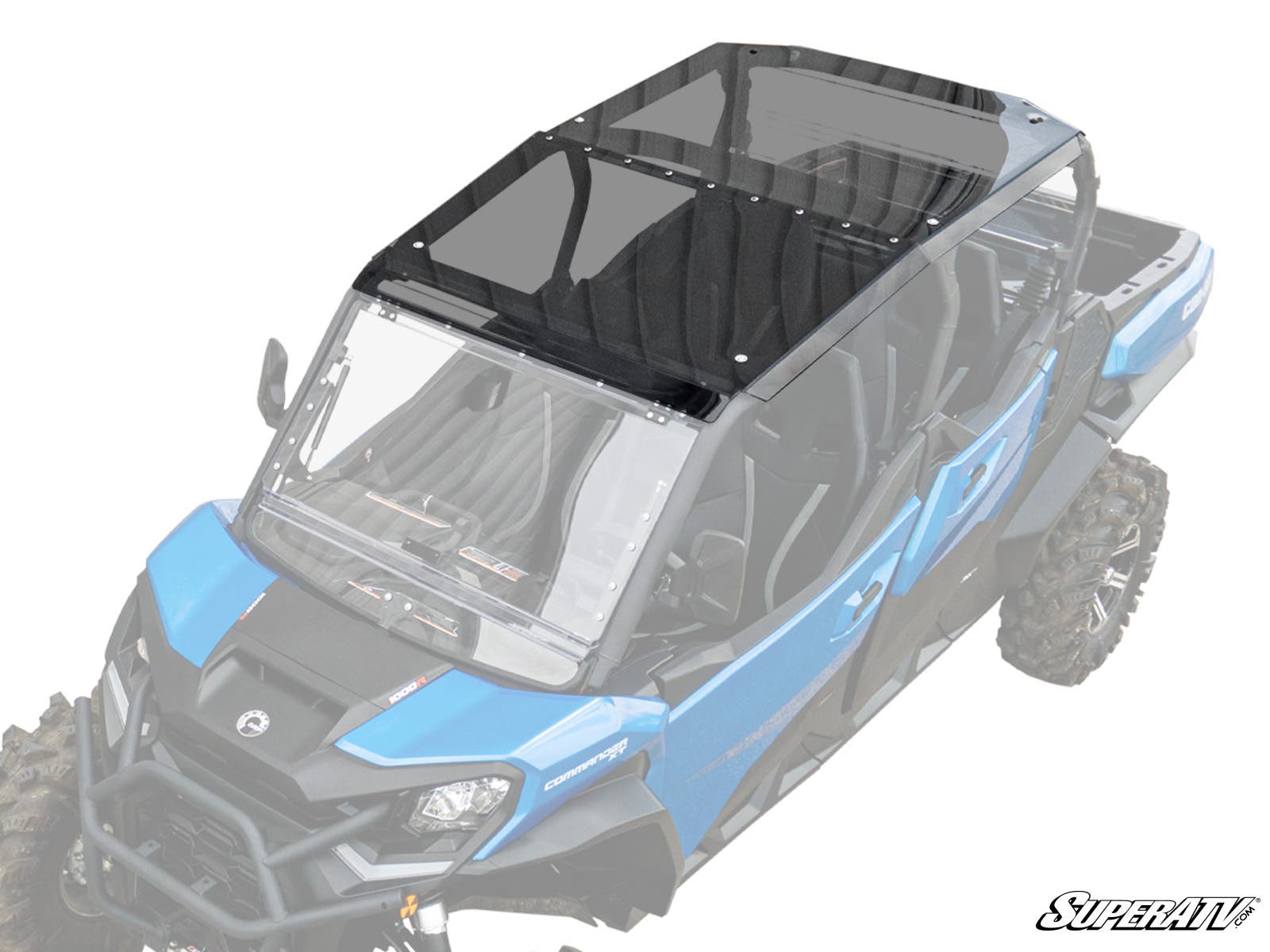 A blue off-road vehicle with a Can-Am Commander MAX Tinted Roof installed. The transparent, tinted roof has visible bolts on the edges and securely covers the four-seat cabin. The SuperATV logo appears at the bottom right.