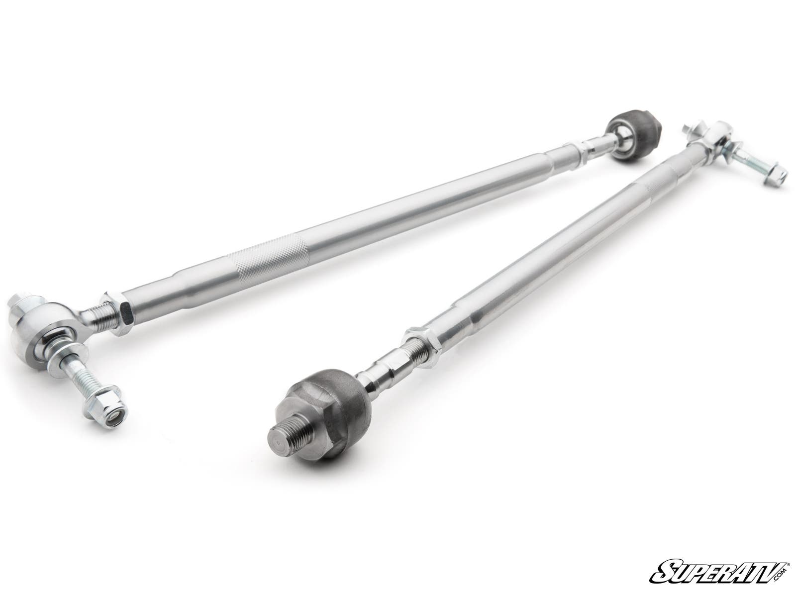 Two shiny silver Can-Am Defender HD8 Heavy-Duty Tie Rod Kit rods are placed diagonally on a white background. Each features threaded ends with hex nuts and ball joints. The SuperATV logo is in the bottom right corner.