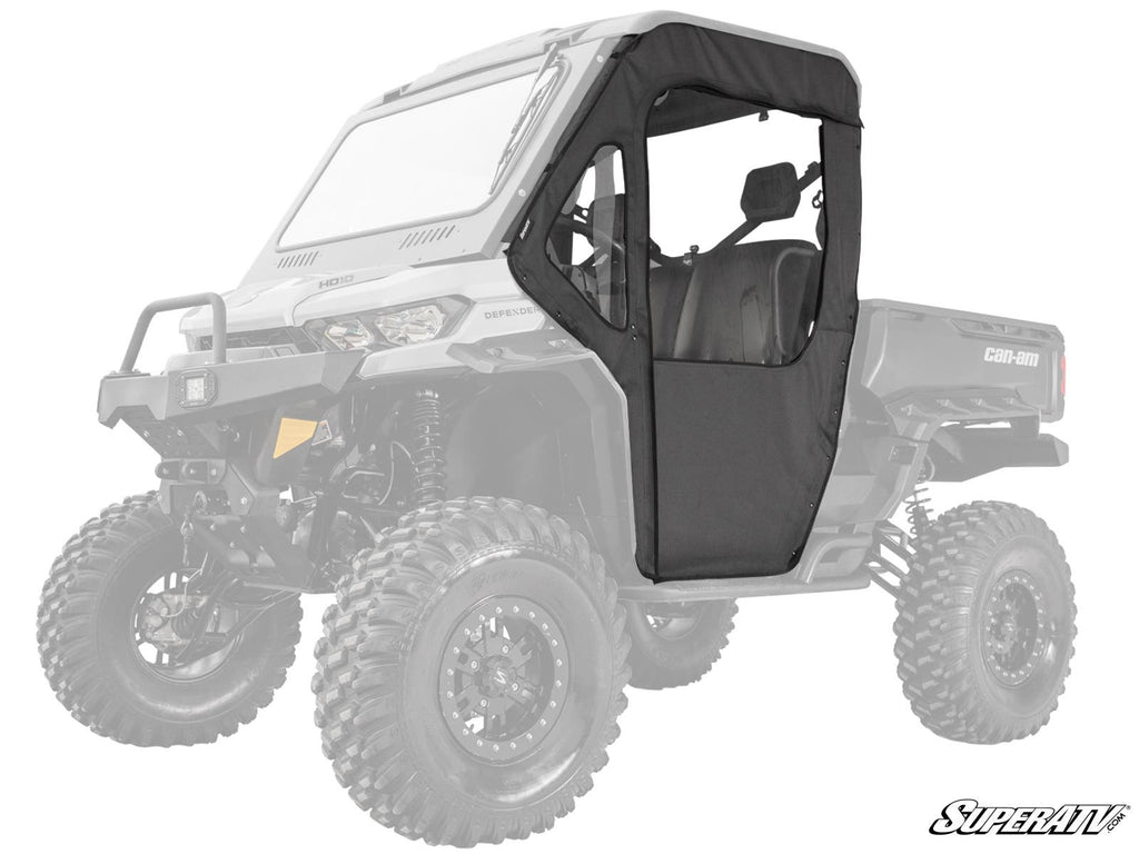 A Can-Am Defender Primal Soft Cab Enclosure Door in black with a clear window is installed on the driver side of a rugged, lifted off-road utility vehicle; the cab area is enclosed, and the rest of the vehicle appears semi-transparent.