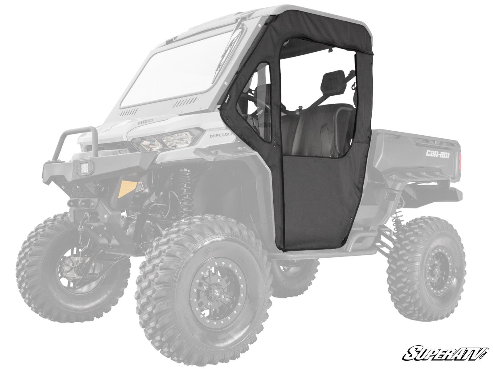 A Can-Am Defender Primal Soft Cab Enclosure Door in black with a clear window is installed on the driver side of a rugged, lifted off-road utility vehicle; the cab area is enclosed, and the rest of the vehicle appears semi-transparent.