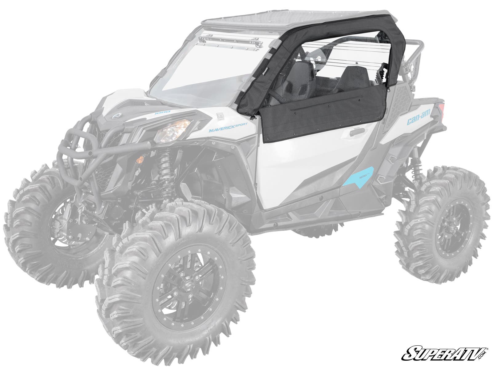 The driver’s side of a white off-road vehicle with large rugged tires features the Can-Am Maverick Sport Primal Soft Cab Enclosure Upper Doors in black. The faded vehicle highlights this accessory. The SuperATV logo is visible in the lower right corner.